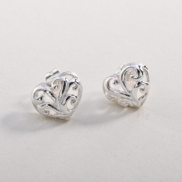Sterling 925 Silver Heart Stud Earrings - Picture 2 of 4